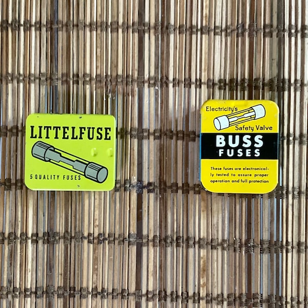 Vintage tins with fuses / 1960s / miniatures / Buss fuses / Little Fuse