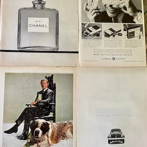 Advertisements Vintage Famous Brands / Vintage  Ads / 1960s / Chanel / GE / Volkswagen/ Smirnoff / Vintage home decor