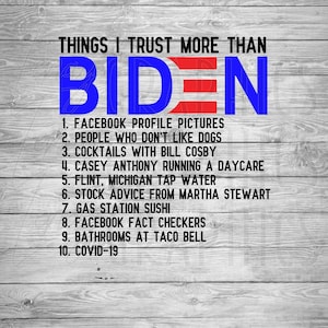 Puede incluir: Un fondo de madera con el texto "THINGS I TRUST MORE THAN" en negro. La palabra "BIDEN" está en letras grandes azules y rojas. Una lista de diez cosas en las que la persona confía más que Biden se enumera debajo de la palabra "BIDEN".