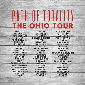 May include: A graphic showing the path of totality for the 2024 solar eclipse across the state of Ohio. The graphic lists cities and towns in Ohio that will be in the path of totality.
