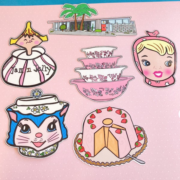 Handmade Vintage Style Sticker Pack “Vintage House & Kitchen” Featuring: Home, Miss Cutie Pie, Cake, Miss Priss, Pyrex, Pixieware
