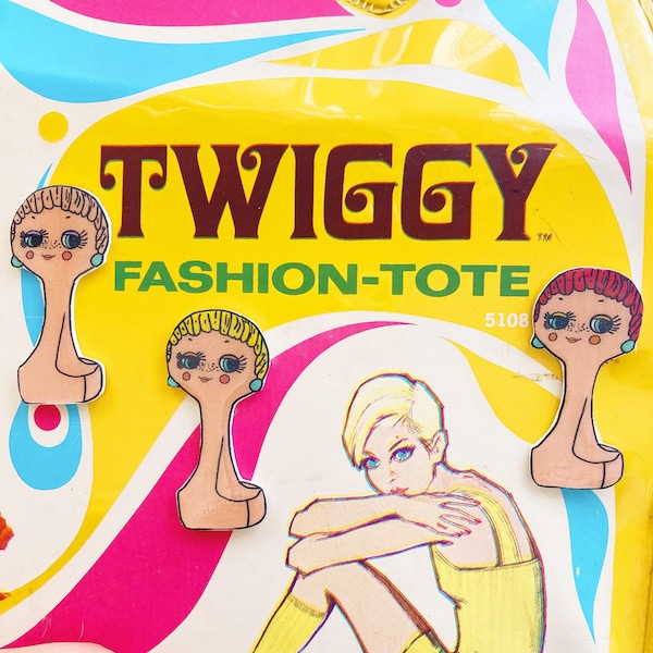 Vintage Twiggy Style Mannequin Head Pin, Magnet, Necklace, Sticker, Earrings