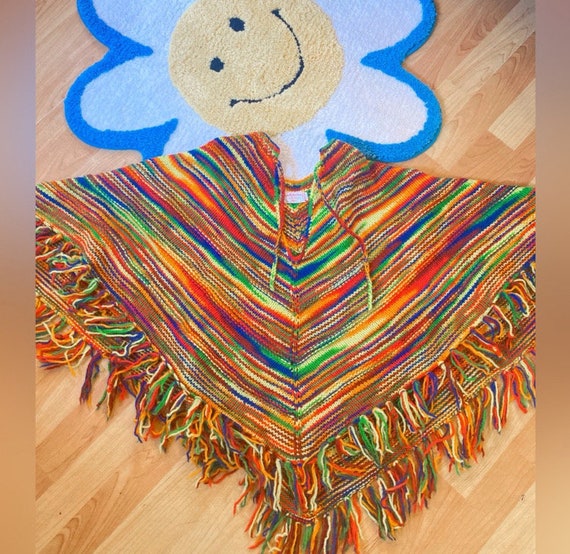 1970s Rainbow Handmade Wool Poncho “By Mother” - image 1