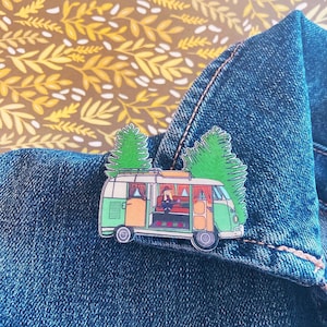 Vintage Hippie Bus Camping with Crocheting Girl Pin, Magnet, Necklace, Earrings or Bobby Pin