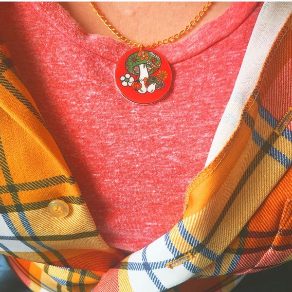 Vintage 1970s Style Mushroom Serving Tray Necklace, Pin, Magnet, Earrings or Sticker