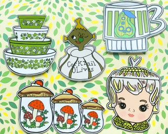 Vintage Kitchen Sticker Pack: Retro 50s-70s Decor, Handmade