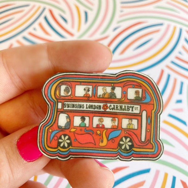 Vintage 1960’s Double Decker Bus Carnaby St Mod England Earrings, Pin, Sticker Magnet, or Necklace