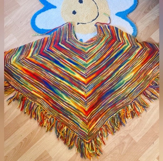 1970s Rainbow Handmade Wool Poncho “By Mother” - image 5