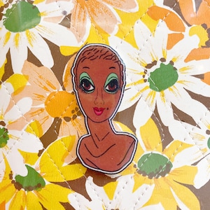 1960’s Vintage Tan “Twiggy-style” Mod Mannequin Pin, Magnet, Sticker, Earrings, or Necklace