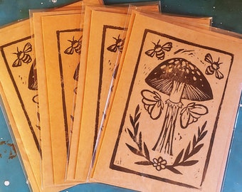 Amanita Mushroom Block Print Card Set Of Four Linocut Mushroom Spring Blank Card Nature Gardener Gift