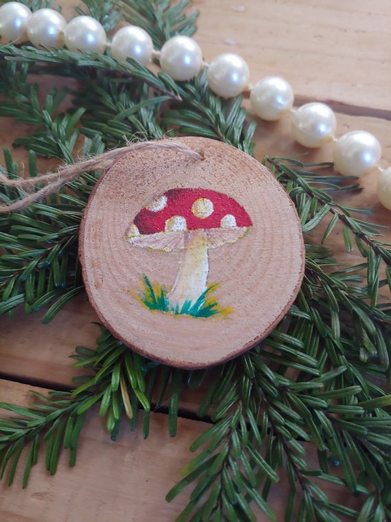 Set of home decor gift idea. Wooden slab art wood slice paintings and salt shaker Wood slice ornament Mushroom and strawberry art
