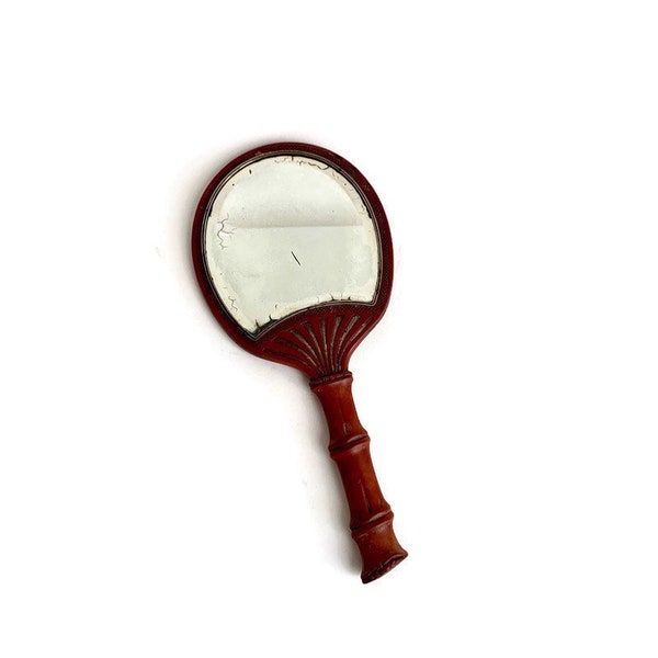 Red Hand Held Mirror // Vintage Chinoiserie Asian Themed Faux Cinnabar Faux Bamboo Handle Bakelite