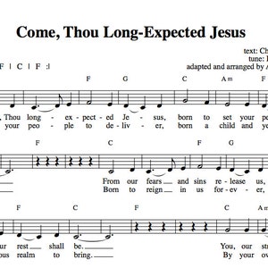 Puede incluir: Partitura para el himno "Come, Thou Long-Expected Jesus". La música incluye letras y acordes para cada verso. El texto es de Charles Wesley y la melodía es HYFRYDOL. La música está adaptada y arreglada por Andra Moran.