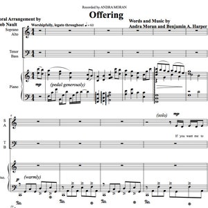 May include: A sheet music score for a song titled "Offering" by Andra Moran and Benjamin A. Harper. The sheet music includes lyrics, vocal parts, and piano accompaniment.