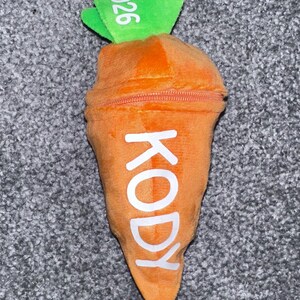 May include: An orange plush carrot-shaped pouch with a zipper closure. The word "KODY" is printed in white on the front. The green top of the carrot has the number "2026" printed on it. The pouch is lying on a gray carpet.