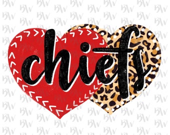 May include: Two red hearts with white stitching and a leopard print heart, all overlapping. The word "chiefs" is written in black across the hearts.