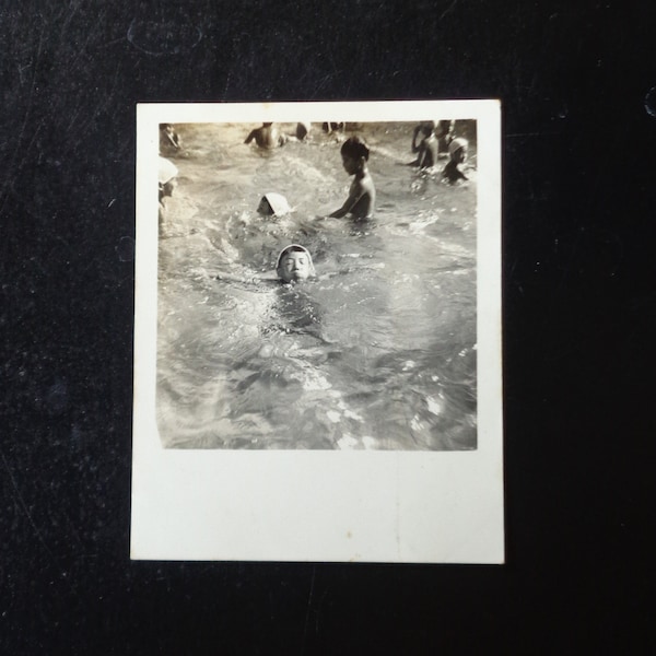 Vintage Small Japanese 1960s Black and White Photograph - Child at the Swimming Pool