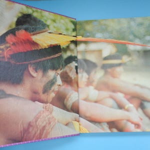 May include: A group of people wearing traditional feathered headdresses and clothing. The people are sitting in a row, and the person in the foreground is looking down.