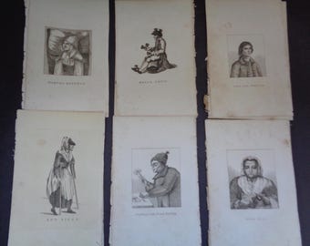 6 x curiose ed eccentriche incisioni antiche del 1820 di eccentrici della vita reale - Con pagine biografiche