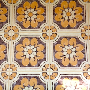 May include: Close-up of a repeating tile pattern. The tiles feature a floral design with a central white flower surrounded by orange petals. The background is a dark brown colour, and the tiles are separated by beige lines.