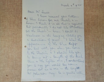 Vintage 1935 Handwritten Letter  - Church Linen -  No Envelope
