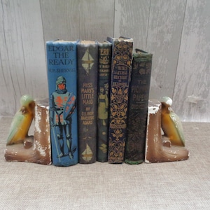 May include: A pair of bookends featuring ceramic birds with green, yellow and brown accents. The bookends are holding up a row of vintage books with titles such as "Edgar the Ready", "Miss Mary's Little Maid", and "Hite's Natural History of Selborne".