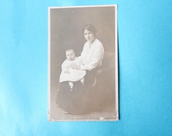 Antique Edwardian Circa 1910s Real Photograph Postcard - Mother and Baby