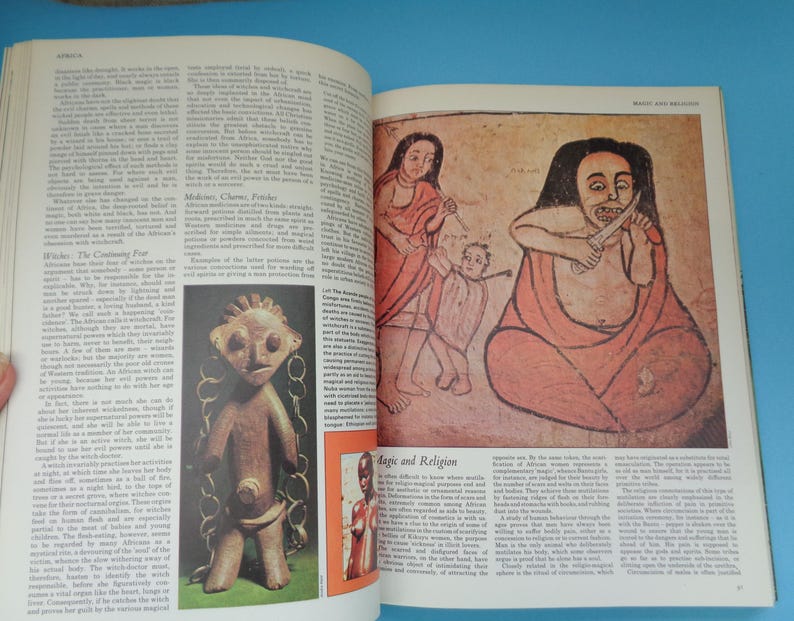 May include: A colorful illustration depicting a woman holding a knife to her mouth, a woman with a child, and a small, brown, clay figure with a chain around its neck. The illustration is from a book about magic and religion.