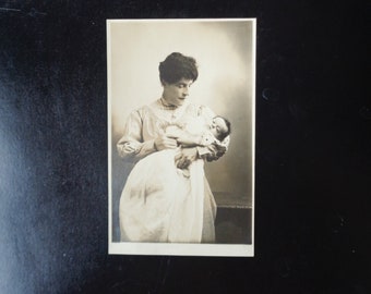 Antique Edwardian Circa 1905 Real Photograph Postcard - Mother and Baby