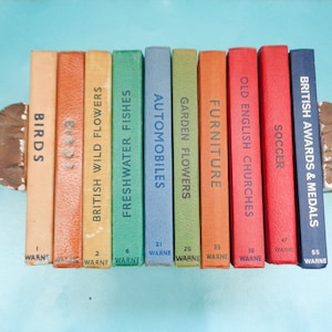 May include: A collection of ten vintage hardcover books with colorful spines, including titles like Birds, British Wild Flowers, Automobiles, and Soccer, held between two weathered brown decorative bookends on a light blue surface.