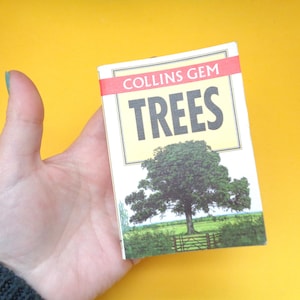 Könnte beinhalten: Ein kleines Buch mit dem Titel "TREES" von Collins Gem, mit einer Baumillustration auf dem Cover. Das Buch hat ein rotes Band oben mit dem Namen des Verlags. Der Hintergrund ist leuchtend gelb.