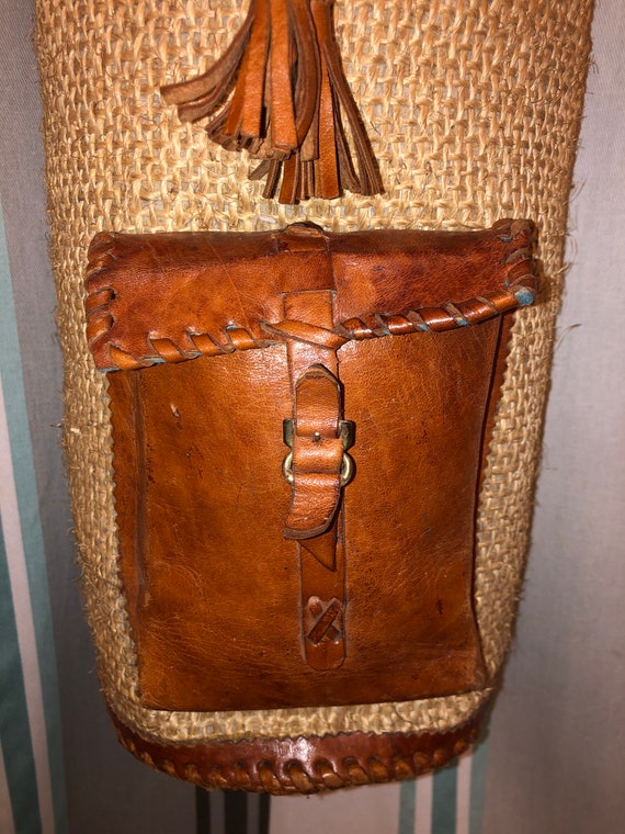 Vintage Handcrafted !00% Leather and Woven Jute Wine/Carrier Tote Bag View 2