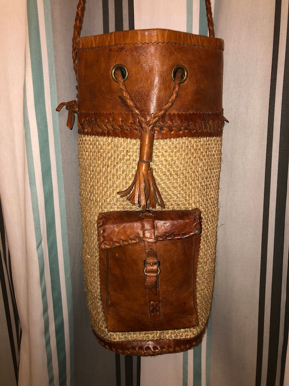 Vintage Handcrafted !00% Leather and Woven Jute Wine/Carrier Tote Bag
