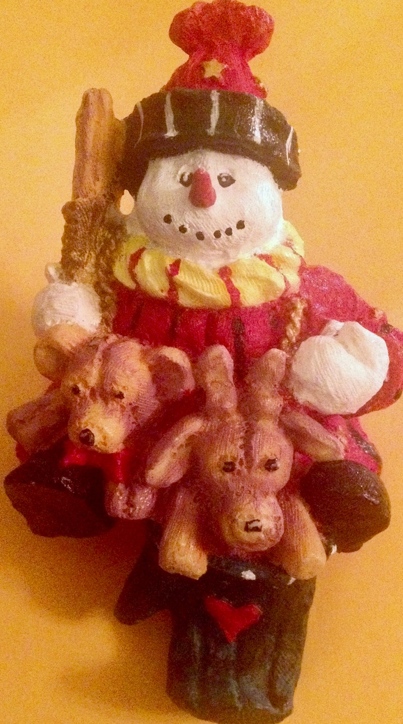 Vintage Collectible Cast Iron Snowman Holding Bear and Reindeer Stocking Hanger FREE SHIPPING!!