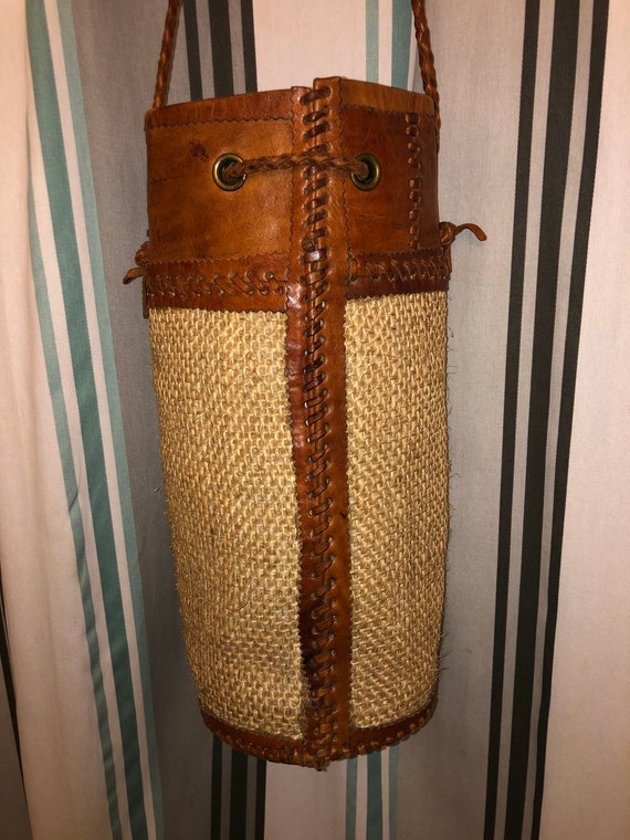 Vintage Handcrafted !00% Leather and Woven Jute Wine/Carrier Tote Bag View 3