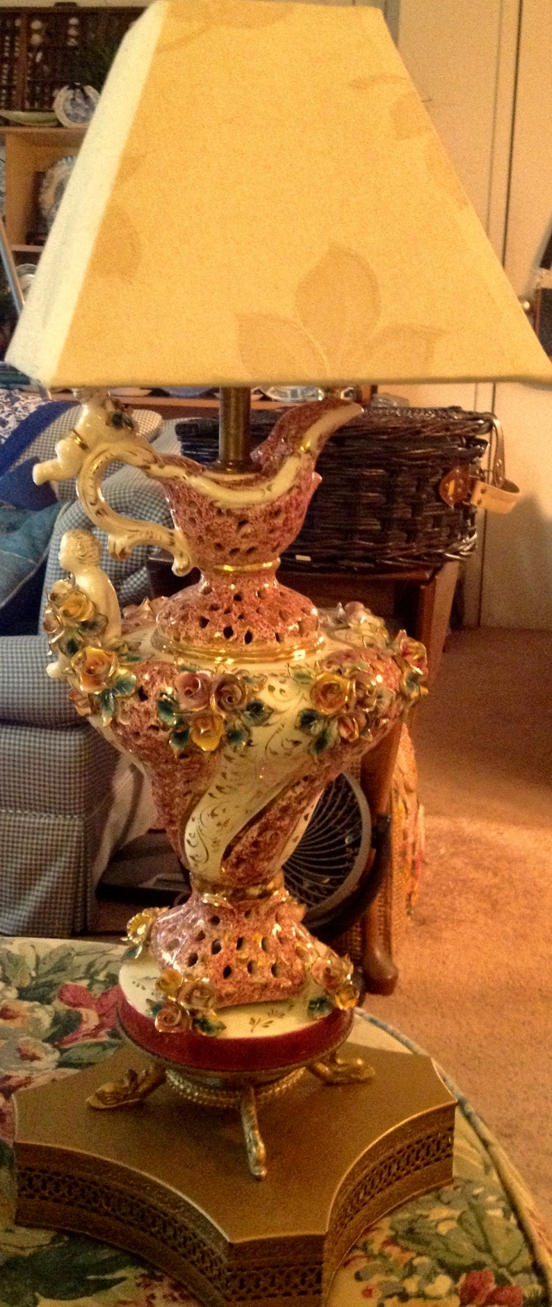 Vintage Antique Capodimonte Porcelain Pitcher Table Lamp With