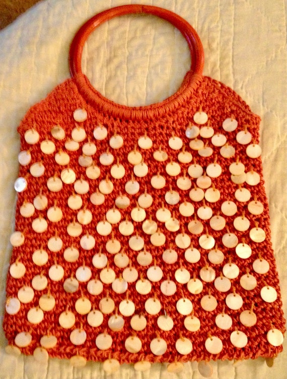 Vintage Straw Crochet Handbag with Bamboo Handles 