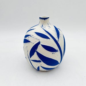 Ceramic Vase, Sgraffito Vase, White Blue Vase, Ceramic Decor, Leaves Vase, Handmade Vase, Pottery Vase, Porcelain Vase, Boho Ceramic Vase