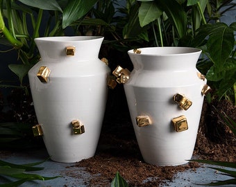 Vase Set of 2, New Home Gift, Housewarming Gift First Home, Hostess Gift, Pottery Gift, White Gold Vase, Ceramic Vase, Porcelain Vase