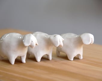 Set of three small ceramics  White sheep, porcelain, handmade, ceramic sculpture