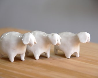 Set of three small ceramics  White sheep, porcelain, handmade, ceramic sculpture