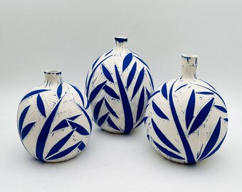 Vase Set, Vase Decor Set, White Blue Vase, Ceramic Decor, Shelf Decor, Bottle Vase, Porcelain Vase, Decorated Vase, Handmade Vase, Modern