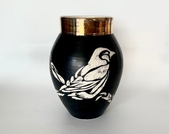 Black Gold Vase, Bird Vase, Unique Vase, Ceramic Decor, Ceramic Vase, Porcelain Vase, Pottery Vase, Handmade Vase, Sgraffito Vase, Modern