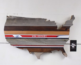 Reclaimed Wood USA Hockey - Red White & Blue - Old Wood New Art - Handcrafted