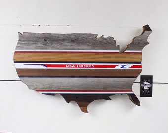 Reclaimed Wood USA Hockey - Red White & Blue - Old Wood New Art - Handcrafted