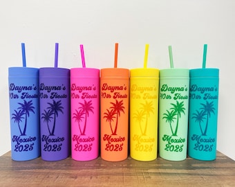 Custom Vacation Tumblers, Personalized Tumblers with Lid and Straw, Pastel Tumblers, Bachelorette Party Favors, Bright Tumblers