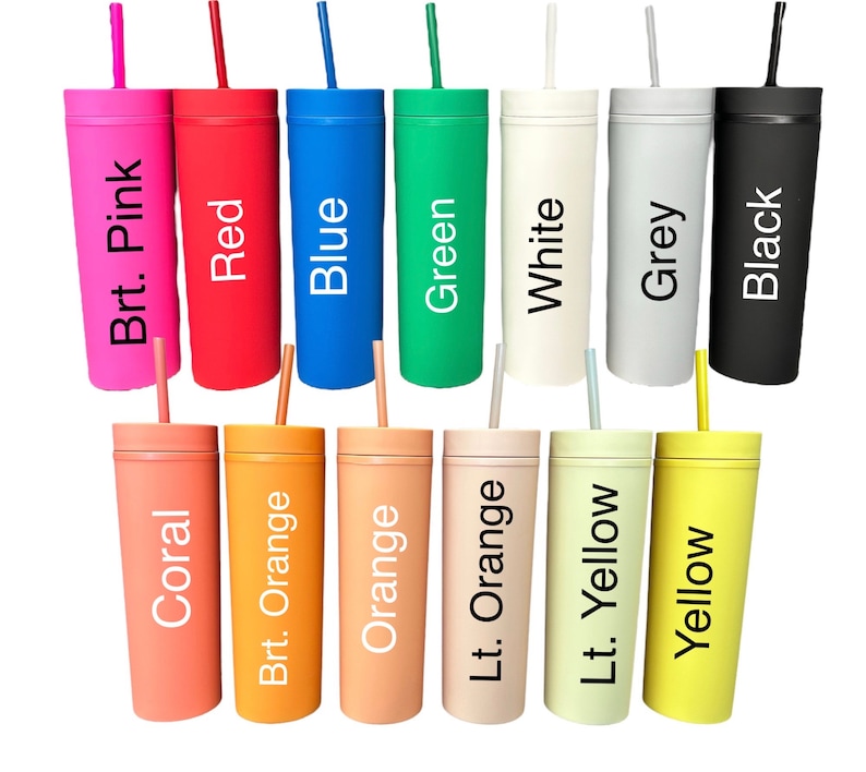 Acrylic tumblers with twist on lid and straw in a rainbow of colors.  Name in a darker shade of the tumbler color.