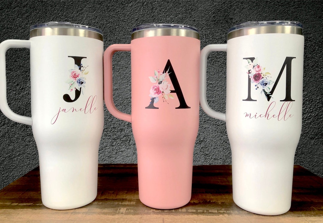 Personalized 40 Oz Tumbler With Handle, Monogram Tumbler, Travel Mug With Handle, Bridesmaid ...