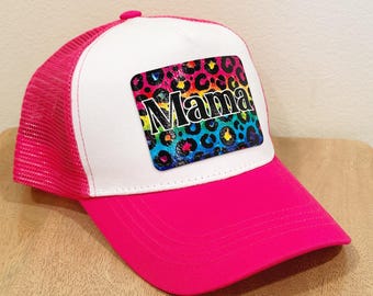 Leopard Print Mama Hat - Rainbow Leopard Print - Bright Pink Hat - Leatherette Patch Hat
