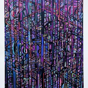 May include: Abstract artwork titled "Aquarium" by Stephen D. Ferrie, 2025. The piece features a complex arrangement of vertical and diagonal lines in shades of purple, blue, and black, with geometric shapes and patterns. The artwork is numbered 1/50.